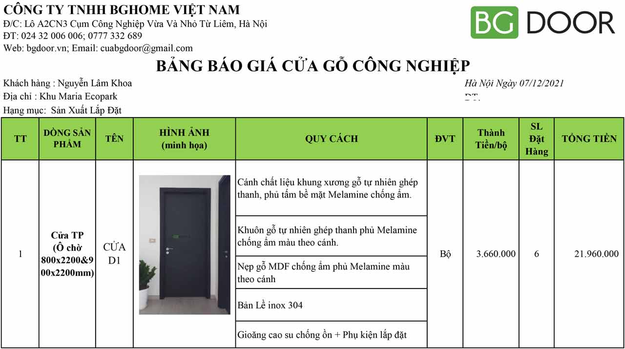 Mẫu báo giá BGDOOR